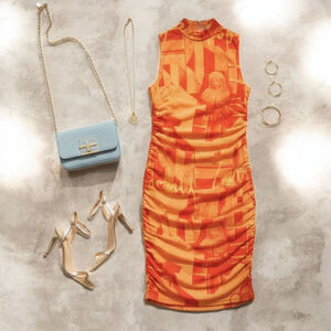 Miaou Sofia Dress Stone Orange Pop Art Comic Statue Club Mesh Bodycon M